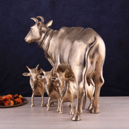 Pure Brass Large Gomatha (Cow) Statue Protecting Her Calves – Symbol of Nurturing Divinity