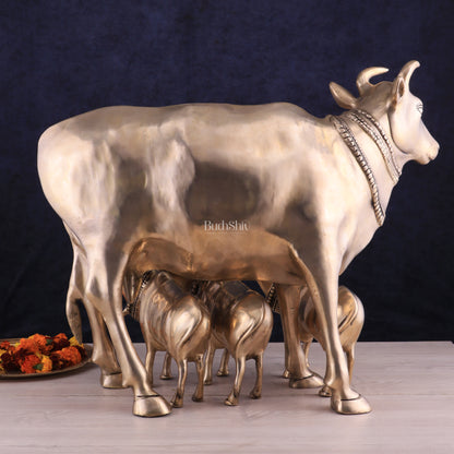 Pure Brass Large Gomatha (Cow) Statue Protecting Her Calves – Symbol of Nurturing Divinity