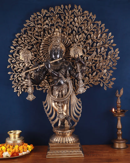 Brass Lord Krishna with Kalpavriksha Statue – Black Edition, 37.2 Inch, 35.2 Kg