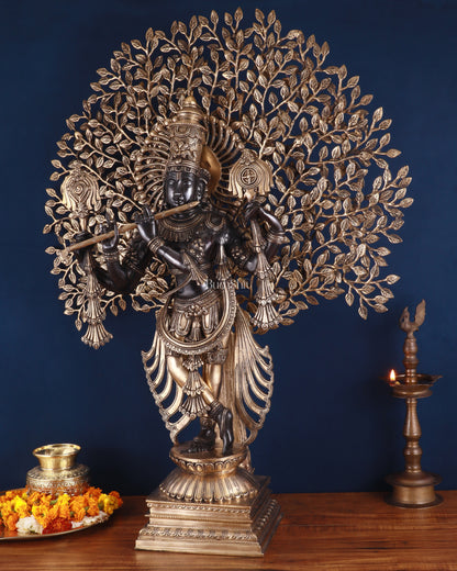 Brass Lord Krishna with Kalpavriksha Statue – Black Edition, 37.2 Inch, 35.2 Kg