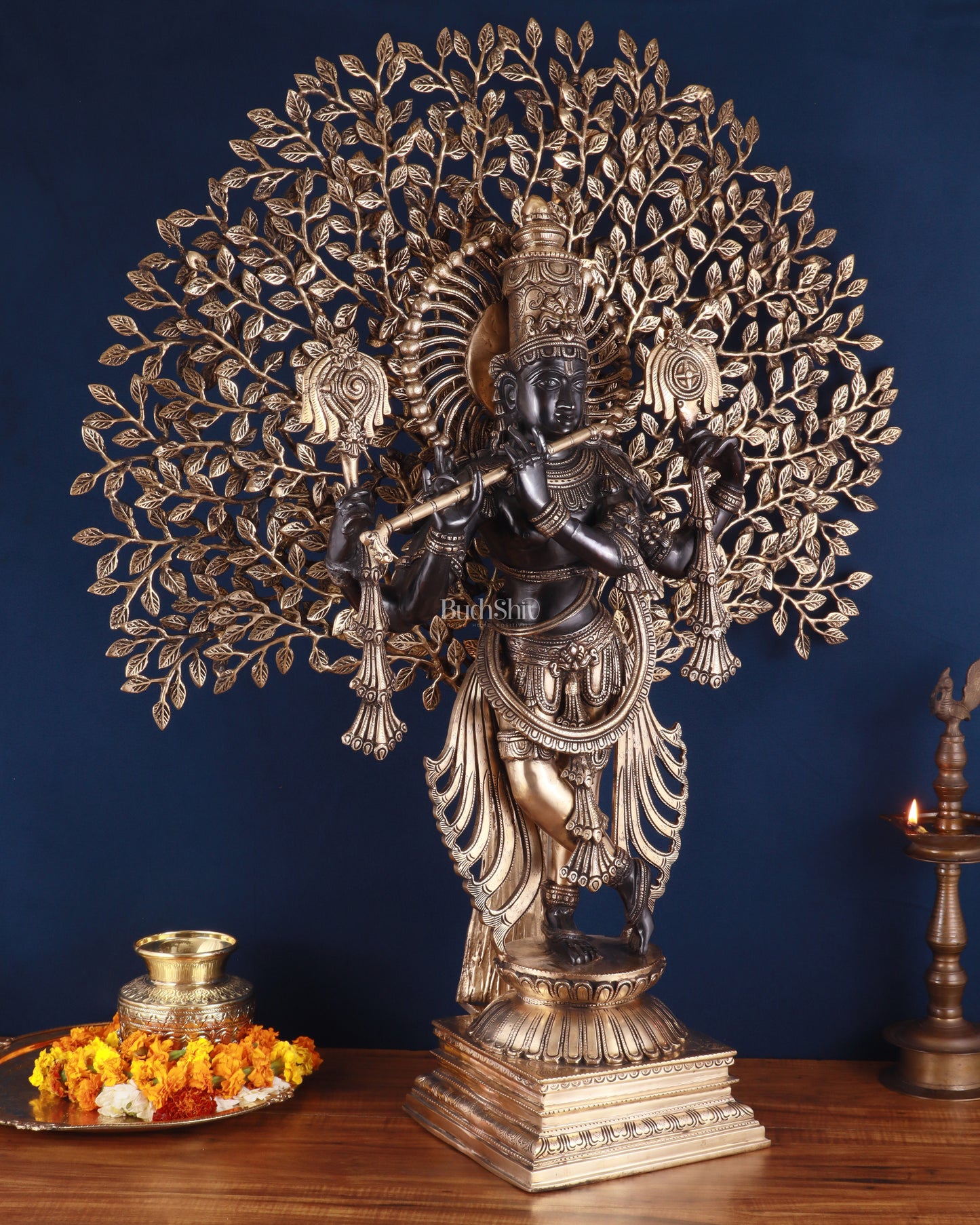 Brass Lord Krishna with Kalpavriksha Statue – Black Edition, 37.2 Inch, 35.2 Kg