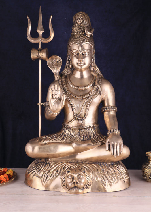 Magnificent Brass Lord Shiva Statue in Dhayana Aashirwaad Mudra, 35 Inches