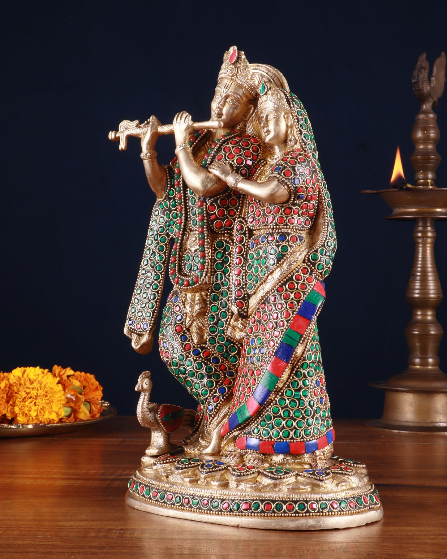 Brass Radha Krishna Idol 12 inch multicolour stonework