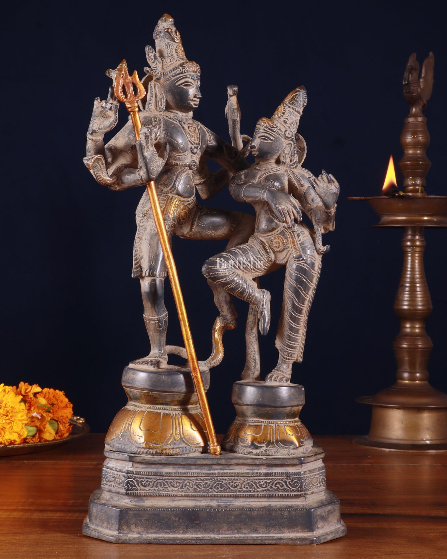 Vintage Brass Shiva Parvati Dancing Idols - 12.5" grey Finish Patina