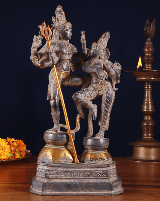 Vintage Brass Shiva Parvati Dancing Idols - 12.5" grey Finish Patina