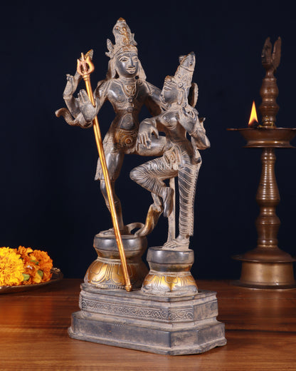 Vintage Brass Shiva Parvati Dancing Idols - 12.5" grey Finish Patina