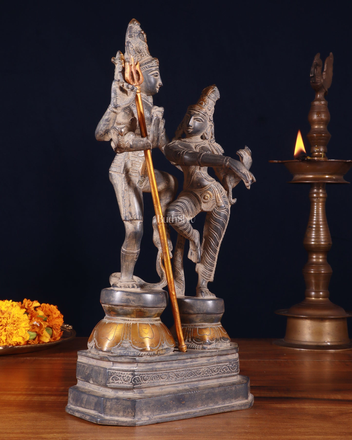 Vintage Brass Shiva Parvati Dancing Idols - 12.5" grey Finish Patina