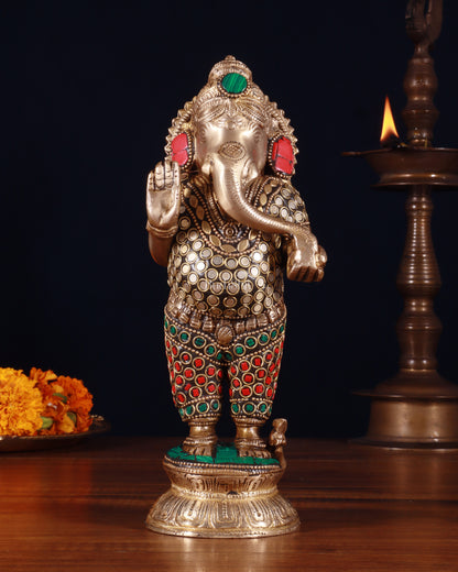 Elegant Brass Standing Ganesha with stonework | 9.5" Height