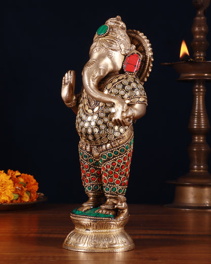 Elegant Brass Standing Ganesha with stonework | 9.5" Height