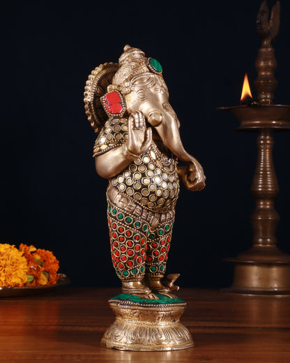 Elegant Brass Standing Ganesha with stonework | 9.5" Height