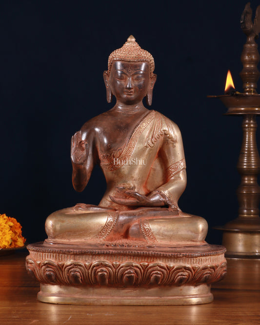 Pure Brass Blessing Buddha Statue - Green Antique Finish, 10.5" sandfinish