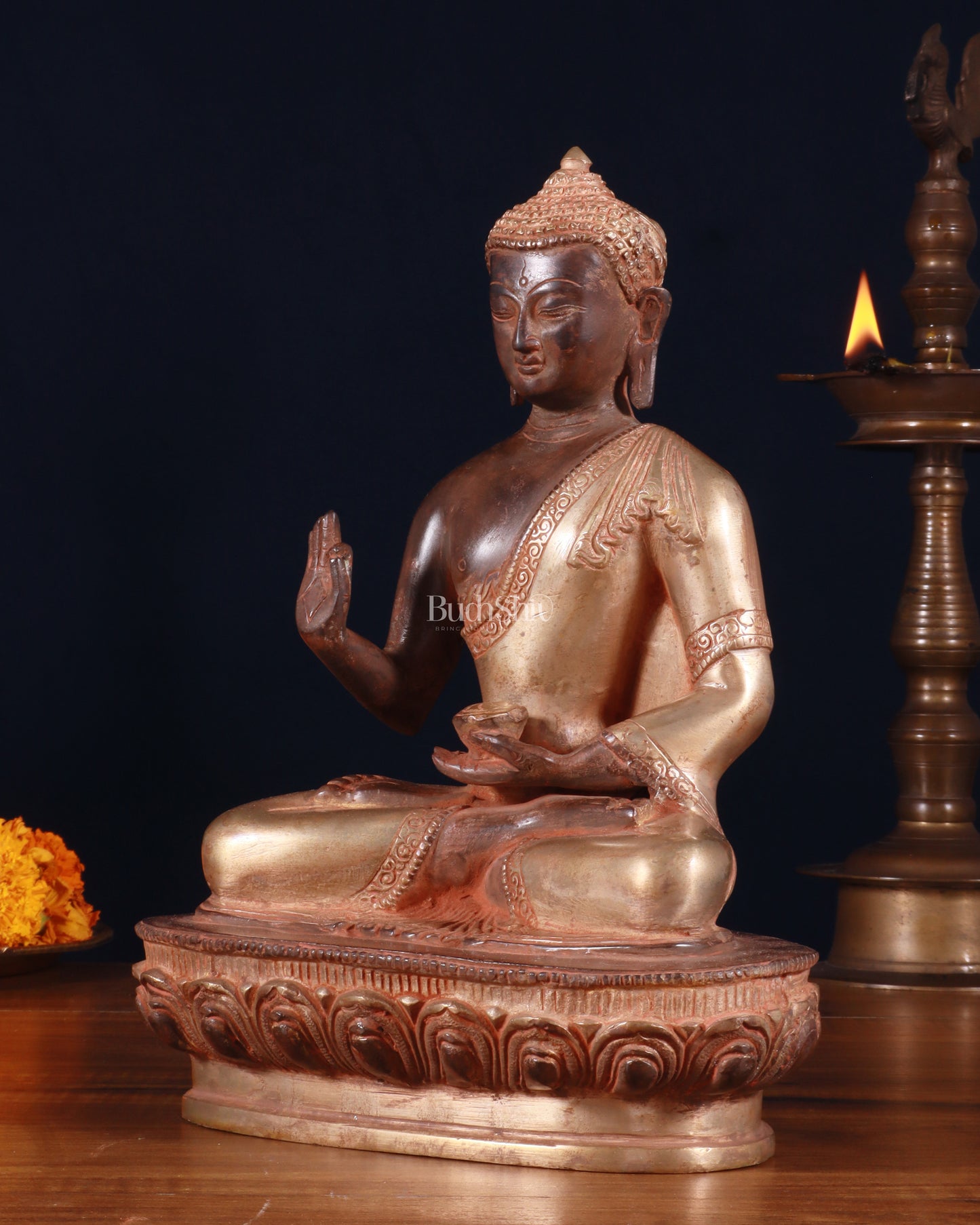 Pure Brass Blessing Buddha Statue - Green Antique Finish, 10.5" sandfinish