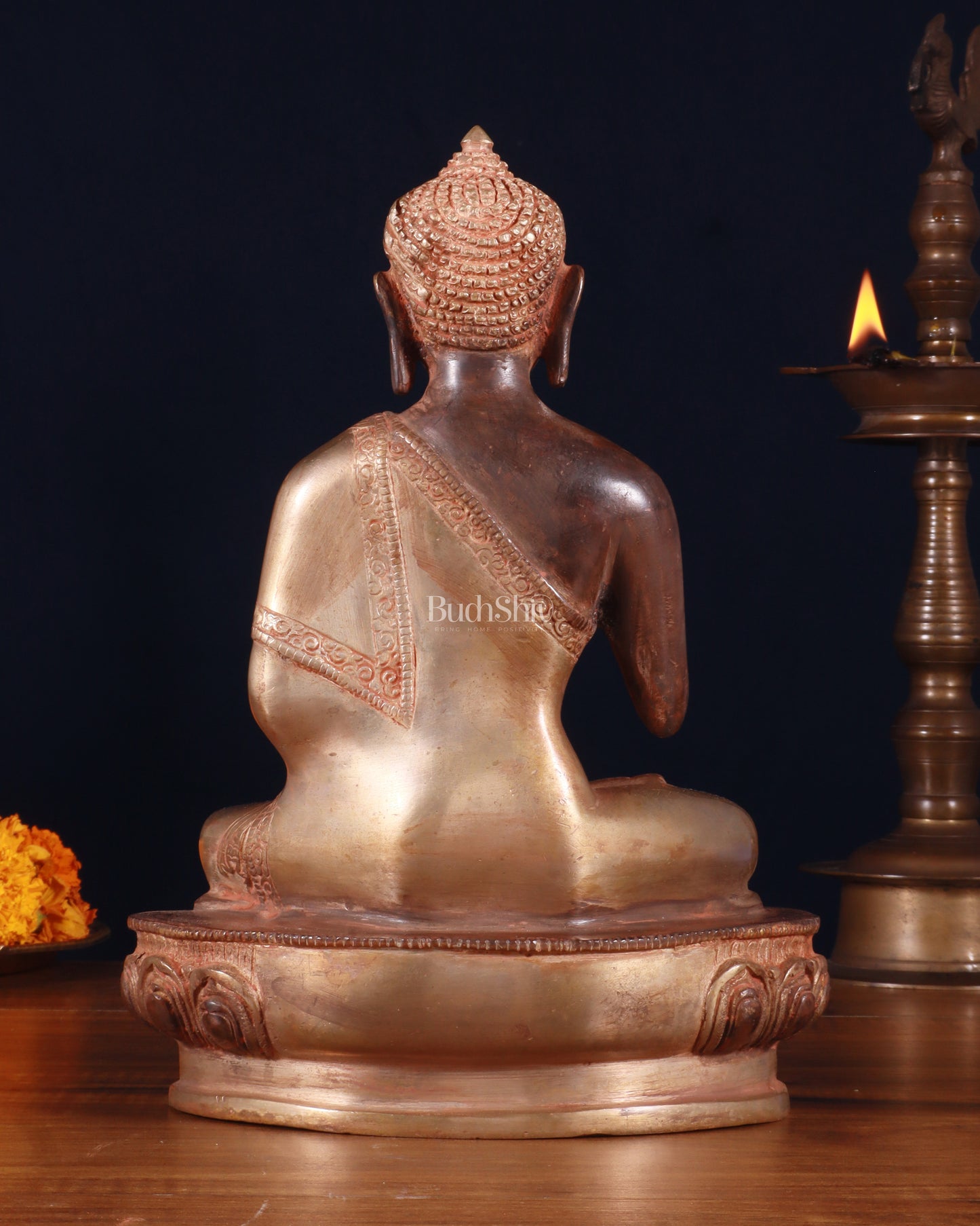 Pure Brass Blessing Buddha Statue - Green Antique Finish, 10.5" sandfinish