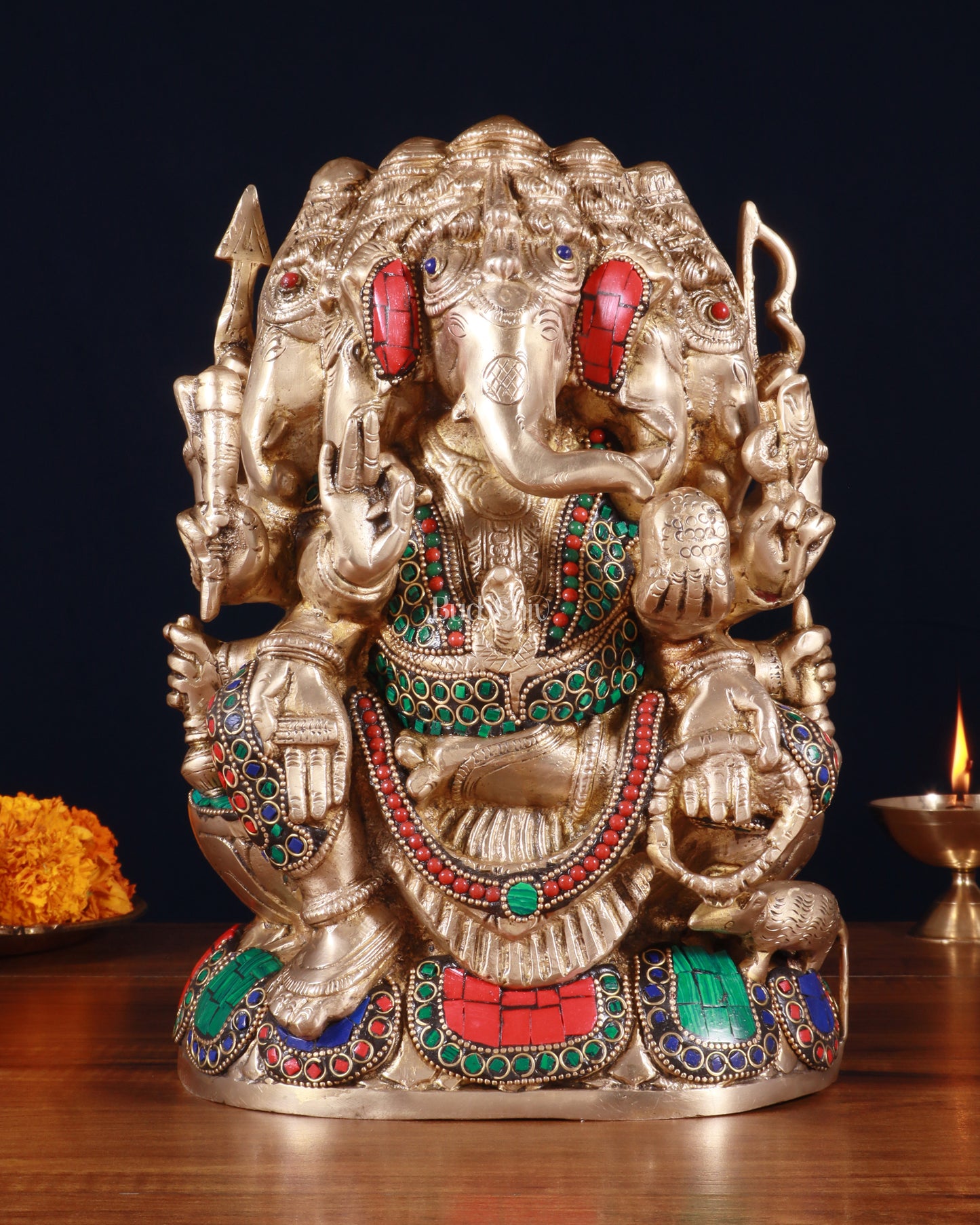 Pure Brass Superfine Panchmukhi Ganesha Statue - 11 inch stonework