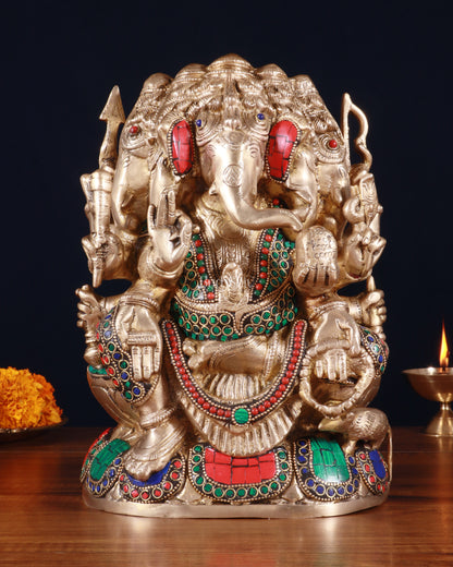 Pure Brass Superfine Panchmukhi Ganesha Statue - 11 inch stonework