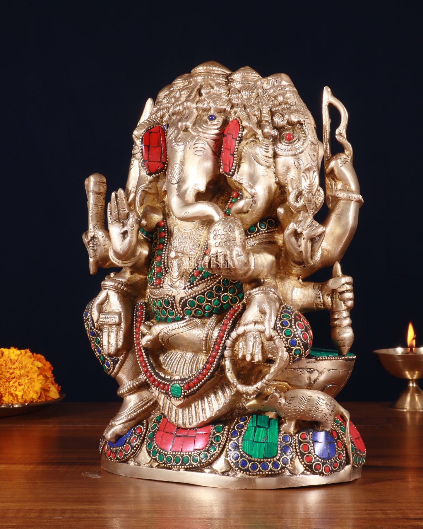 Pure Brass Superfine Panchmukhi Ganesha Statue - 11 inch stonework