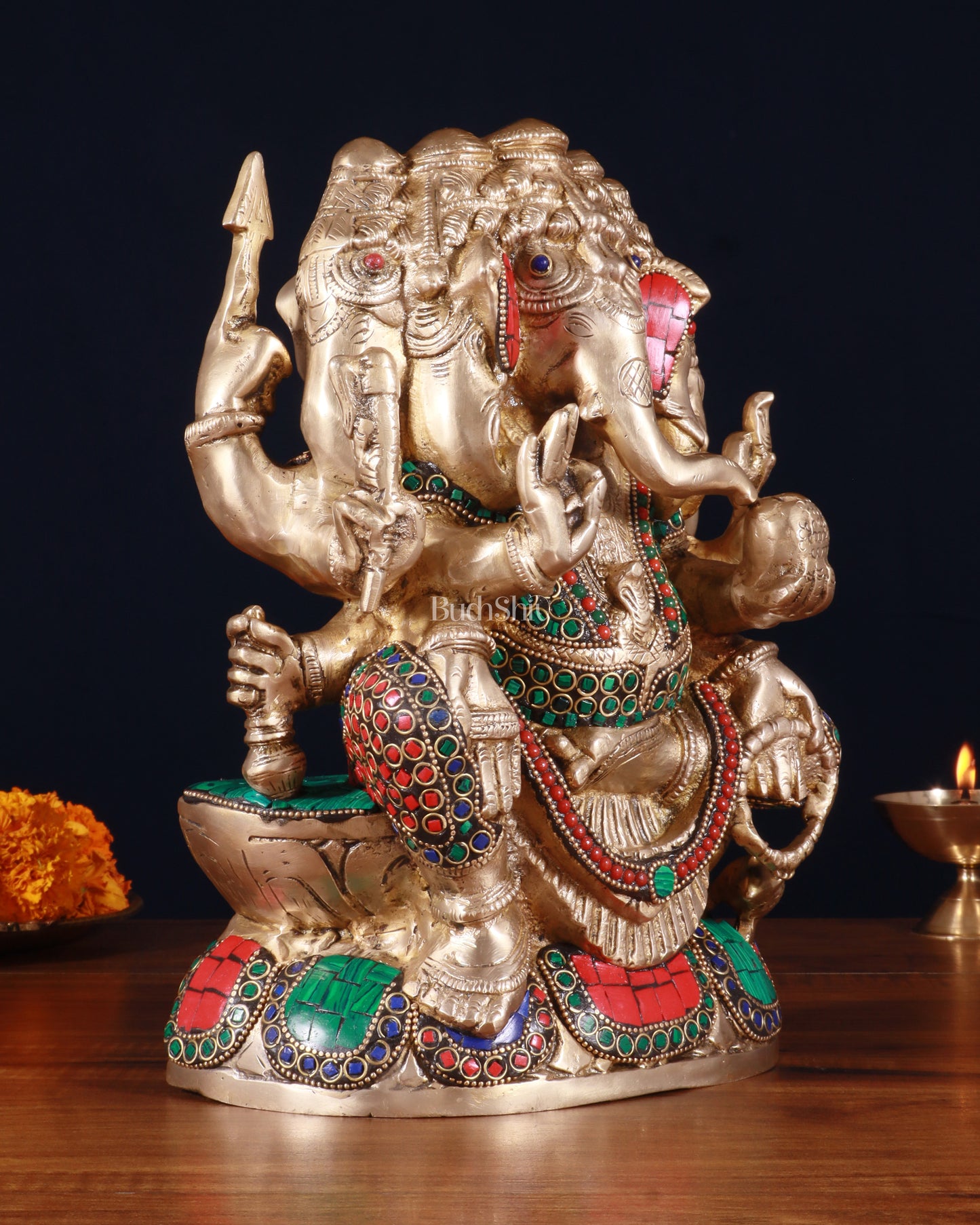 Pure Brass Superfine Panchmukhi Ganesha Statue - 11 inch stonework