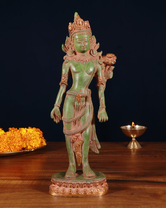 Pure Brass Standing Goddess Tara Statue – Antique Green Patina, 12 Inch