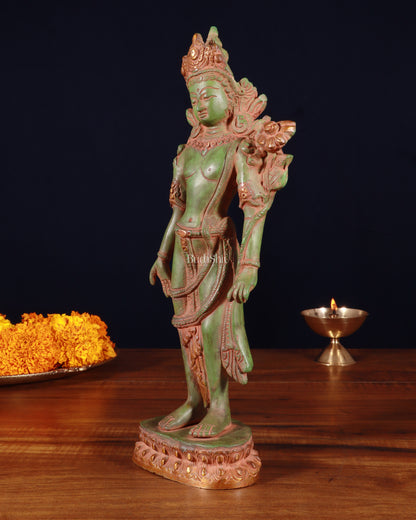 Pure Brass Standing Goddess Tara Statue – Antique Green Patina, 12 Inch