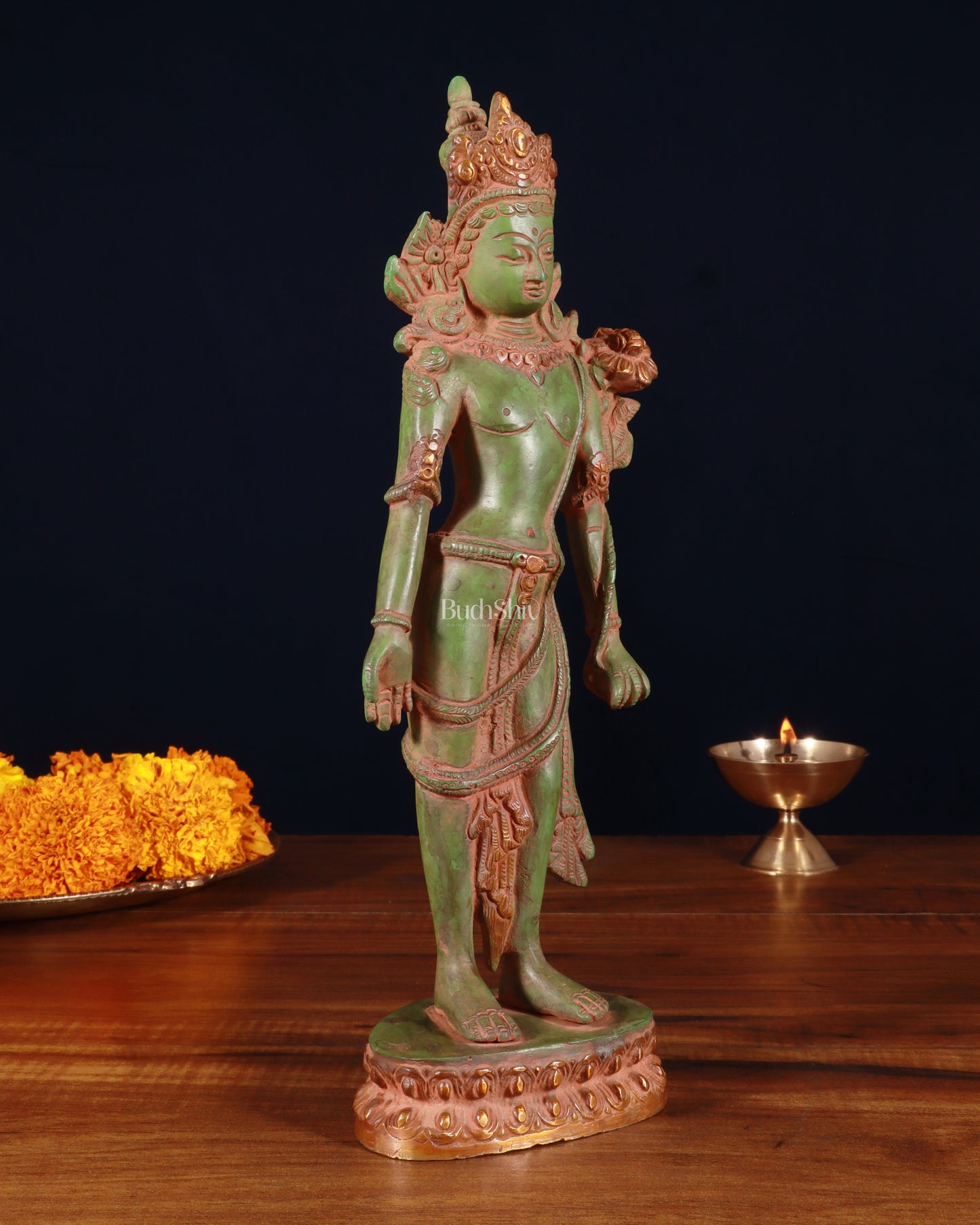 Pure Brass Standing Goddess Tara Statue – Antique Green Patina, 12 Inch