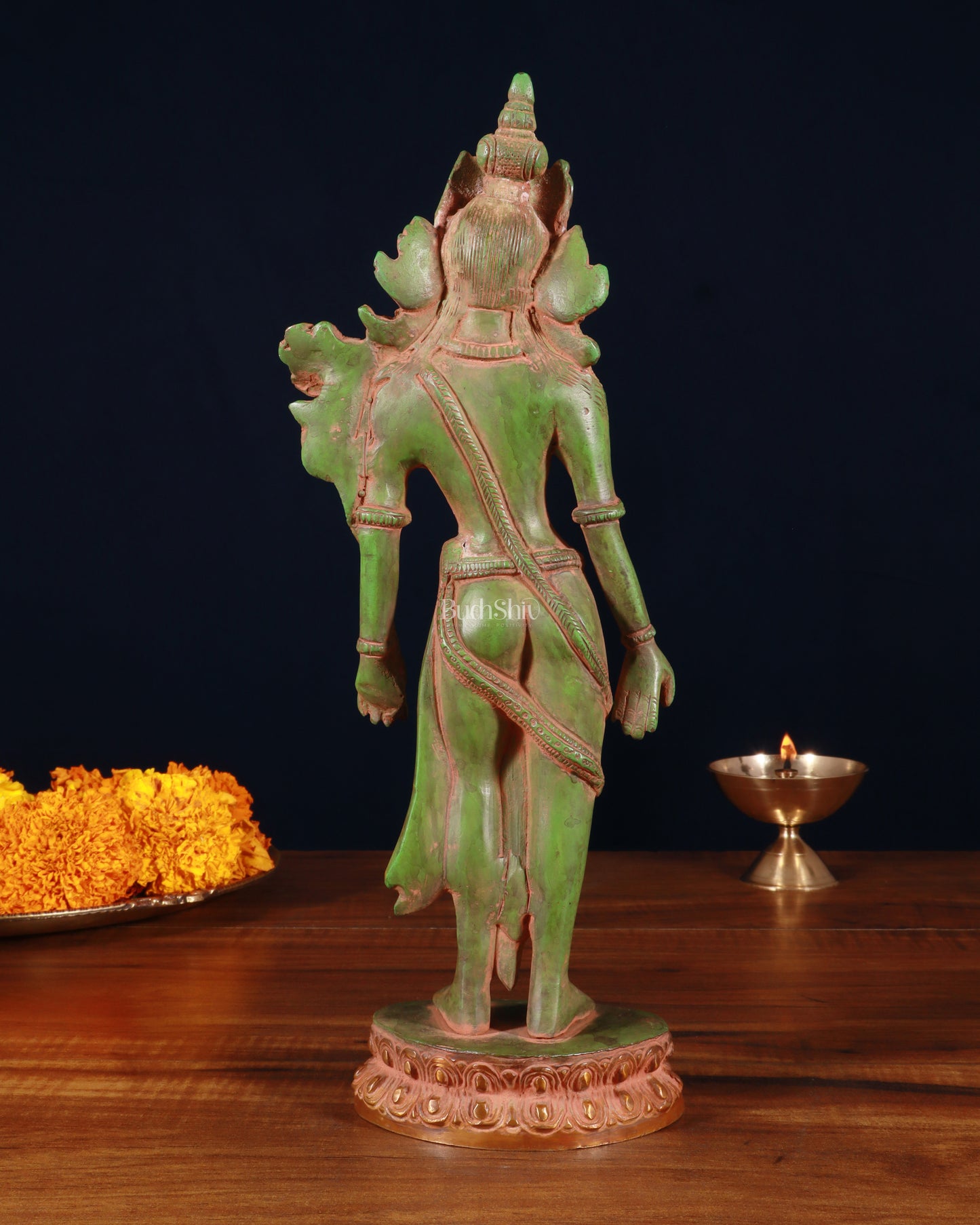 Pure Brass Standing Goddess Tara Statue – Antique Green Patina, 12 Inch