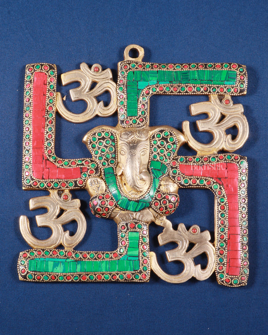 Auspicious Brass Swastik Wall Hanging with Lord Ganesha 8"