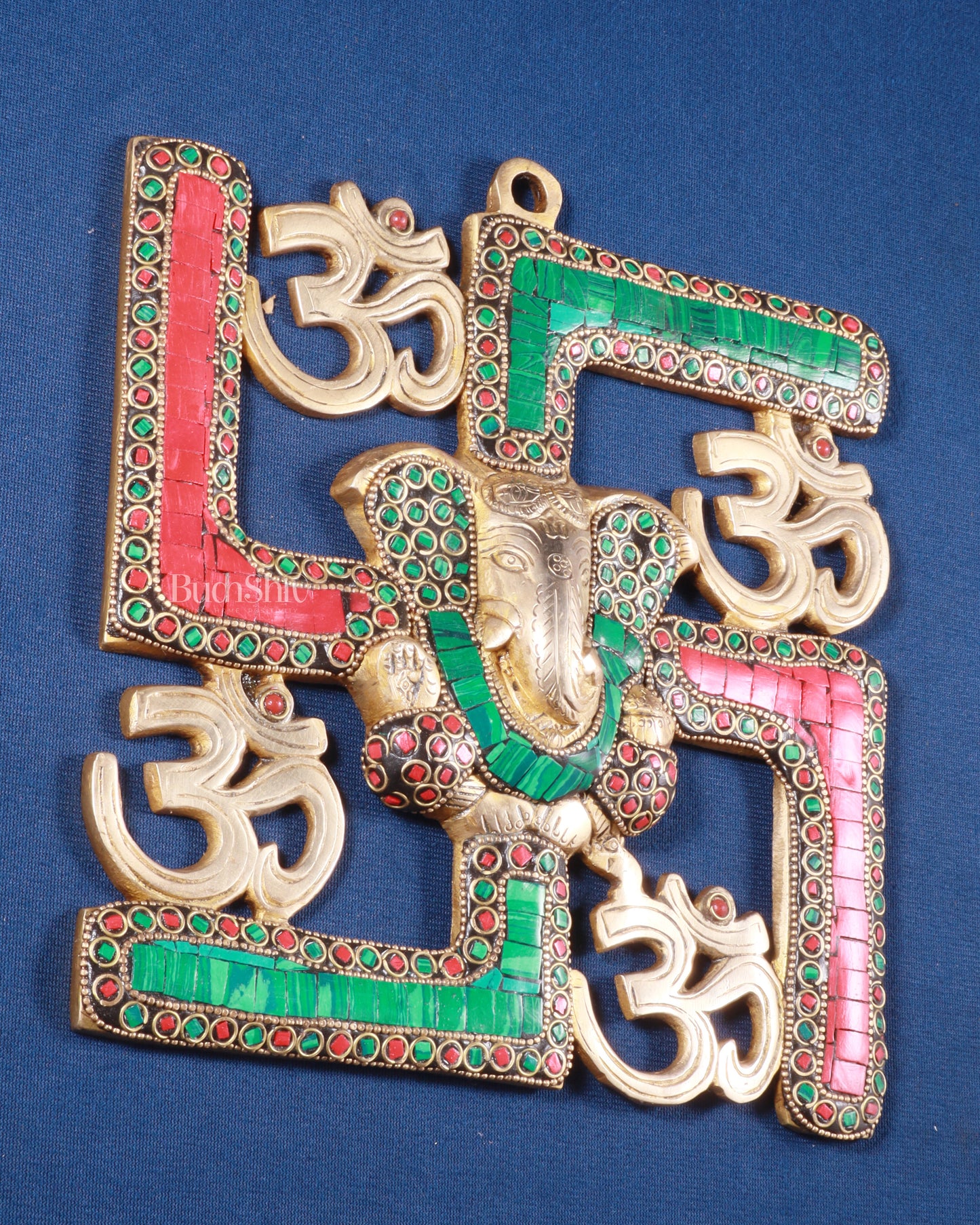 Auspicious Brass Swastik Wall Hanging with Lord Ganesha 8"