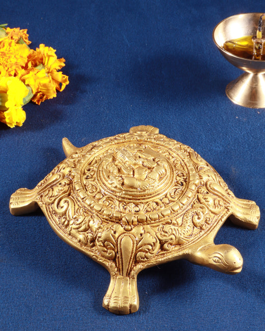 Pure Brass Tortoise with Lord Ganesha Engraving – Vastu Approved, 8 Inch