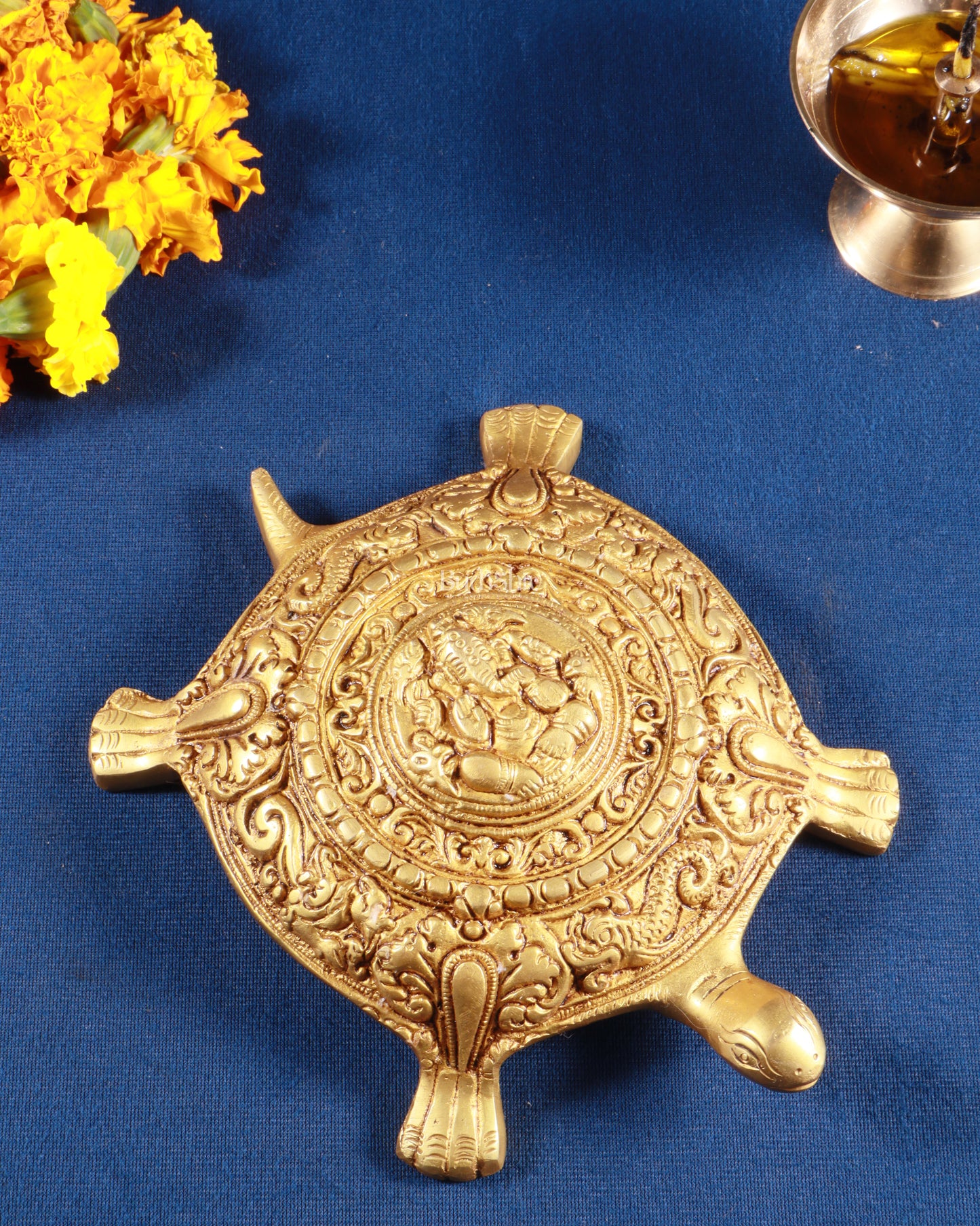 Pure Brass Tortoise with Lord Ganesha Engraving – Vastu Approved, 8 Inch