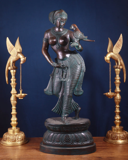 Majestic Brass Lady Holding Parrot Idol – Chola Style, 36 Inch