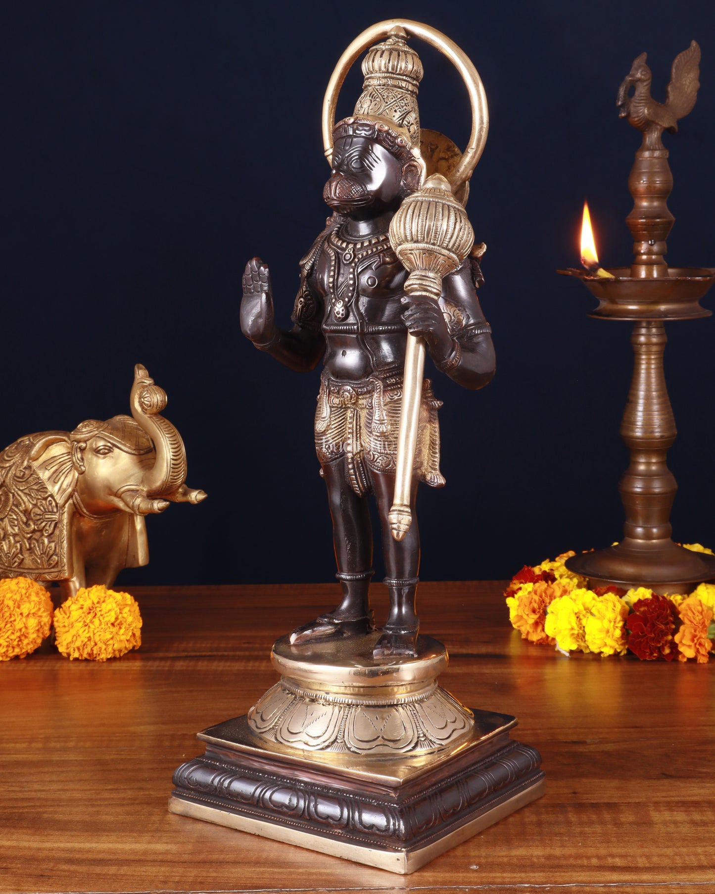 Pure Brass Standing Lord Hanuman Statue – Black Edition, 14.5 Inch