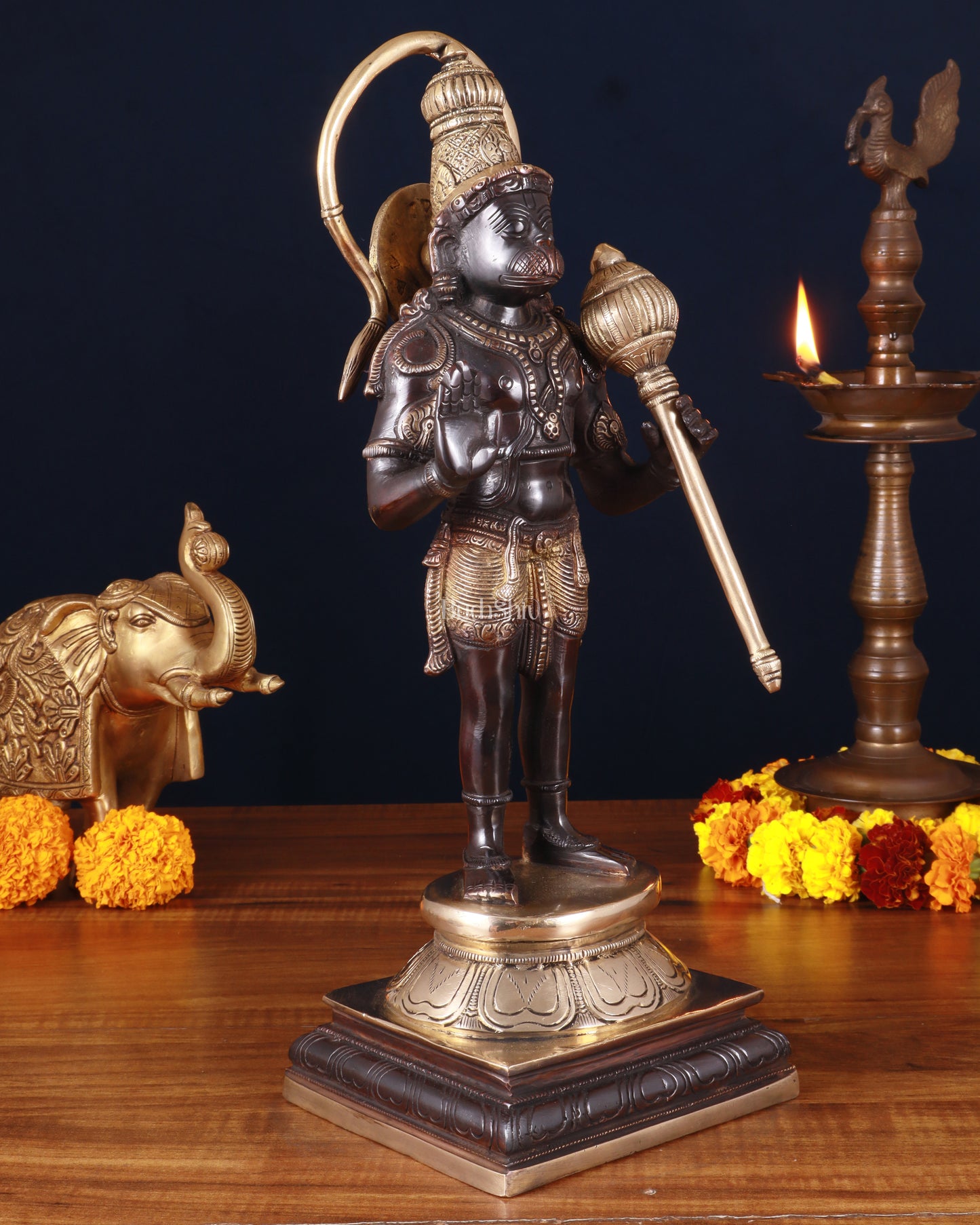 Pure Brass Standing Lord Hanuman Statue – Black Edition, 14.5 Inch