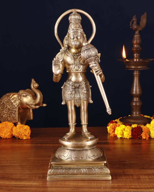 Pure Brass Standing Lord Hanuman Statue – Matte Gold Finish, 14.5 Inch