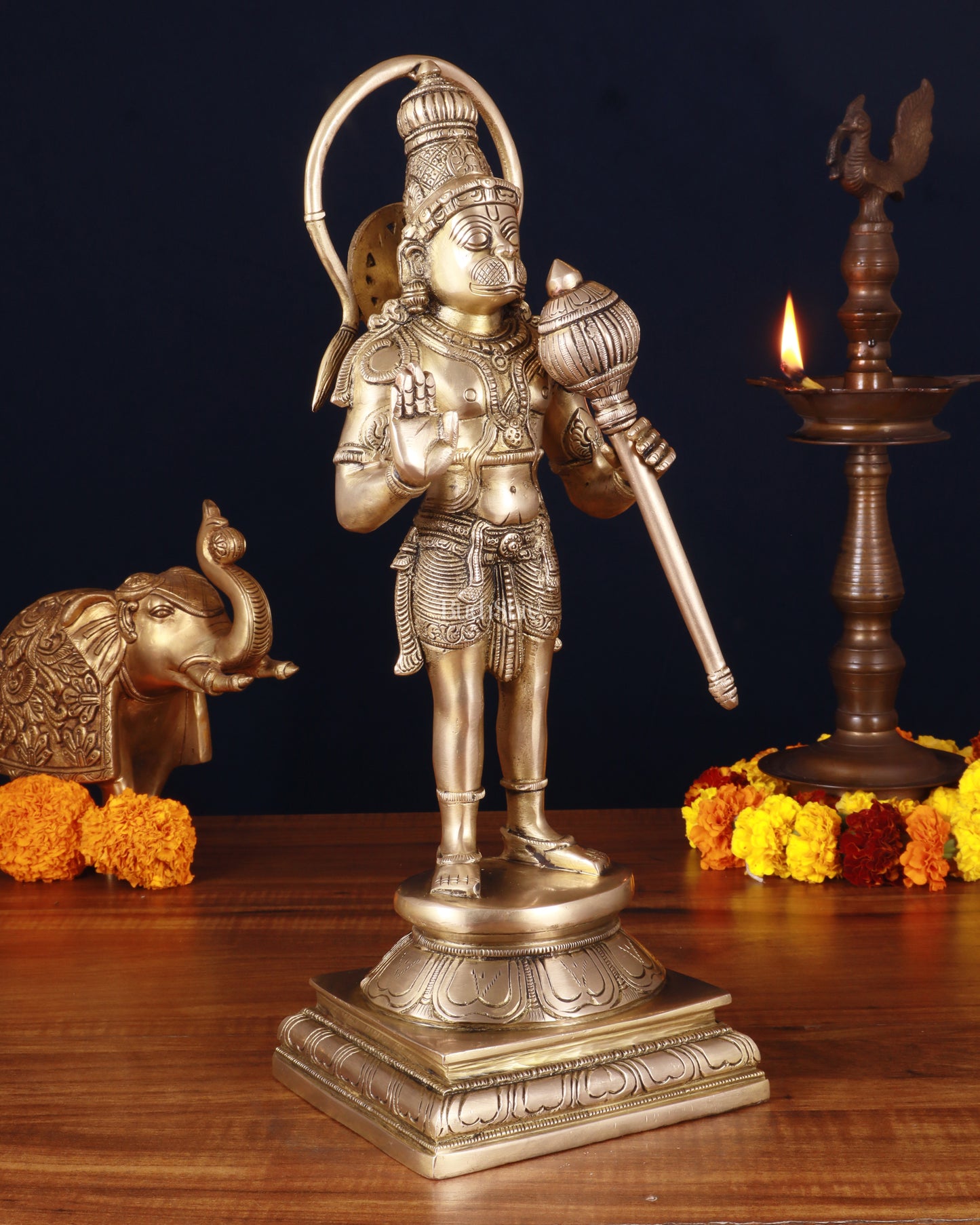 Pure Brass Standing Lord Hanuman Statue – Matte Gold Finish, 14.5 Inch