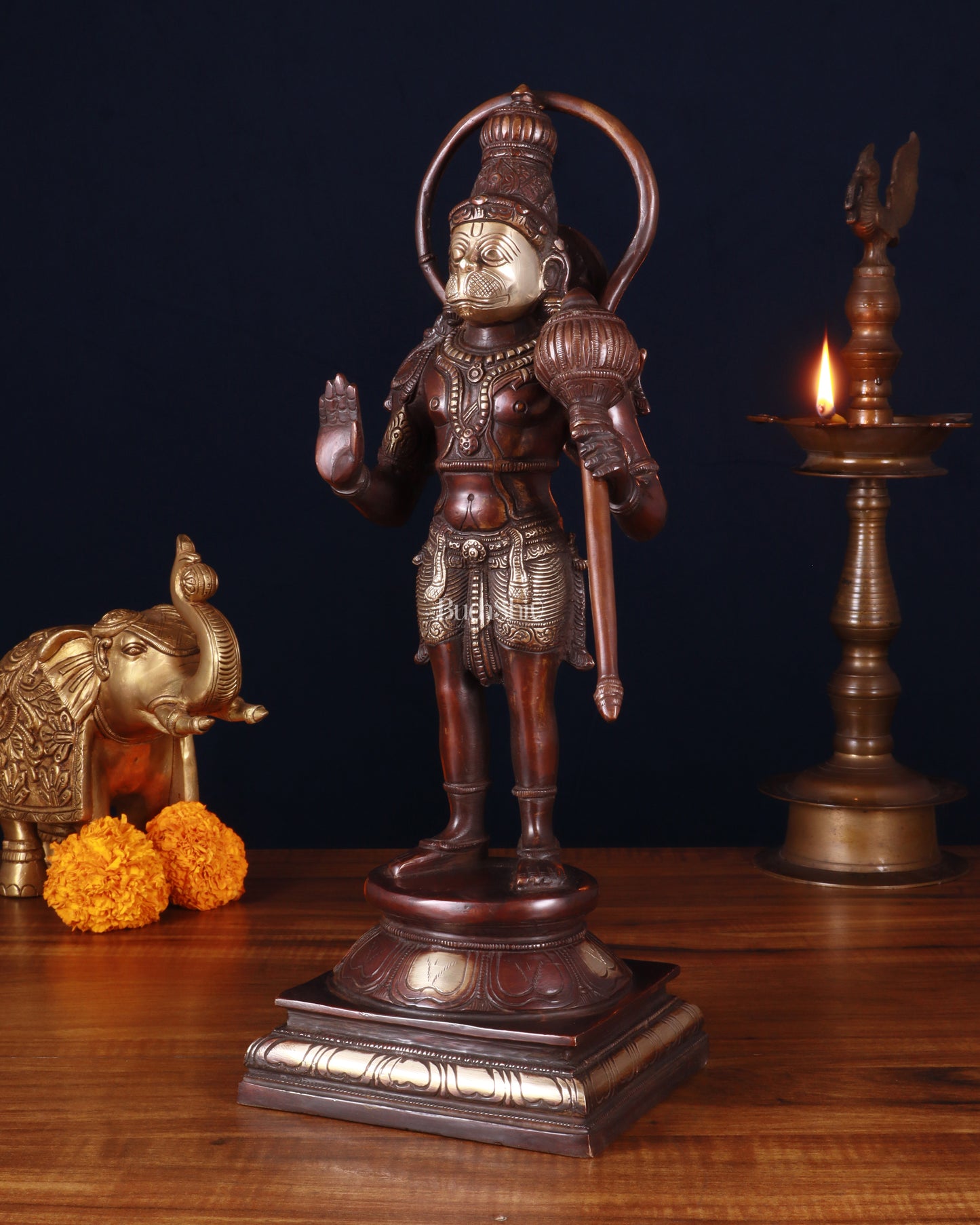 Pure Brass Standing Lord Hanuman Statue – brown Gold Finish, 14.5 Inch