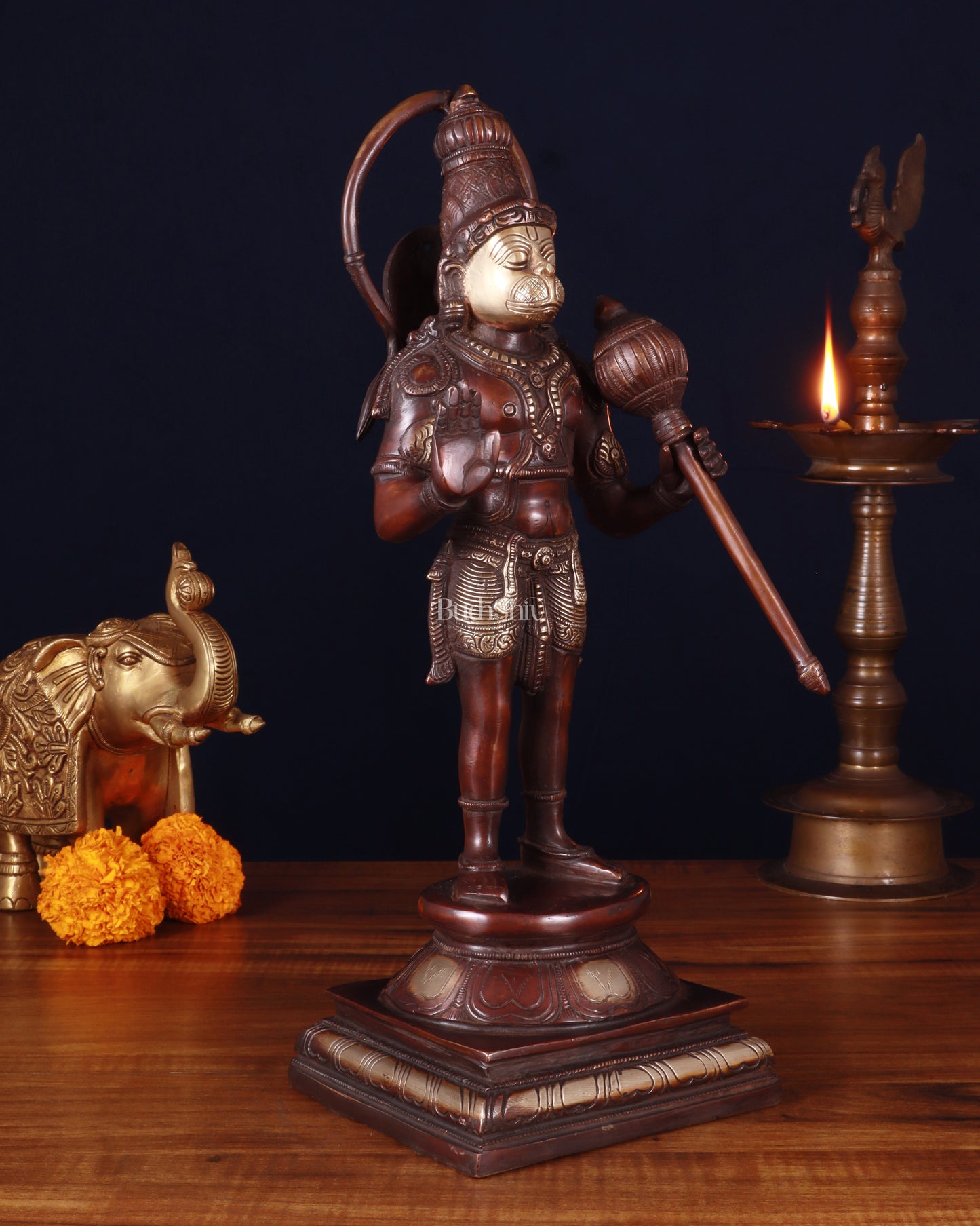 Pure Brass Standing Lord Hanuman Statue – brown Gold Finish, 14.5 Inch