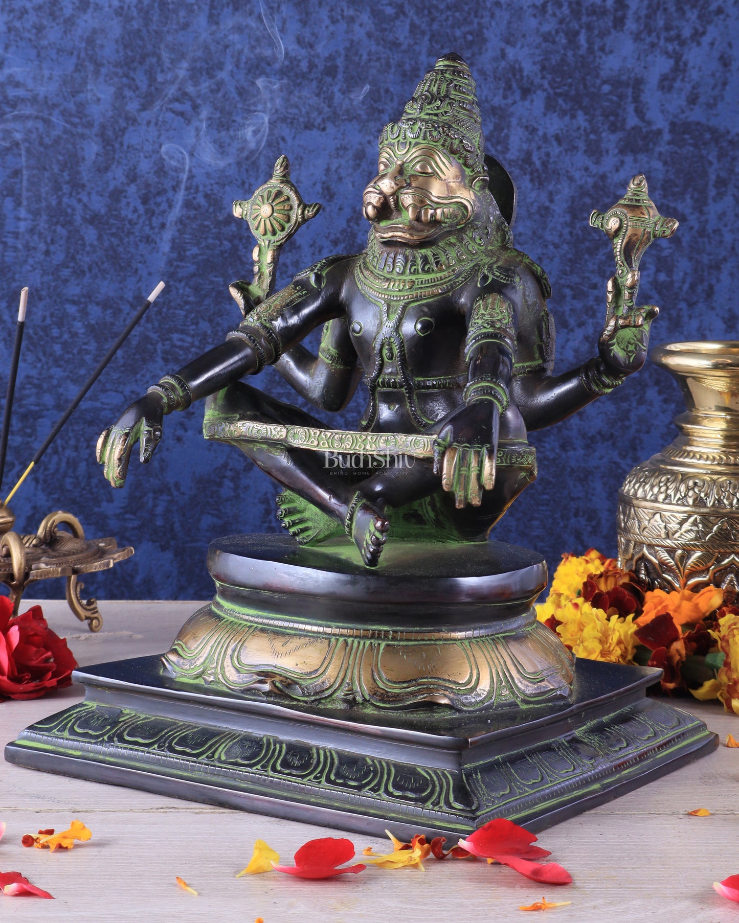 Brass Yog Narasimha swamy Statue 11" black green