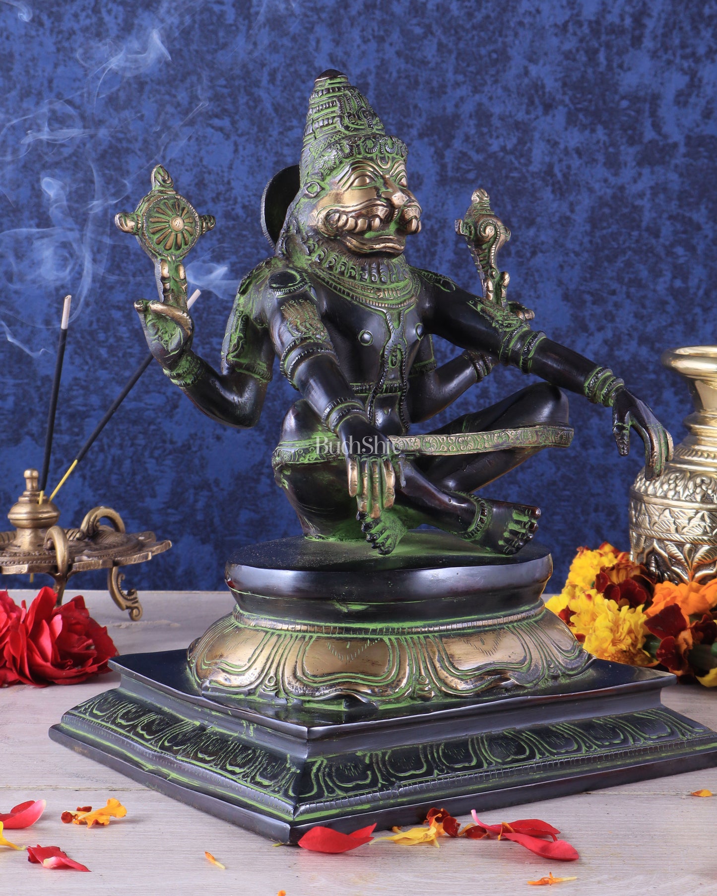 Brass Yog Narasimha swamy Statue 11" black green