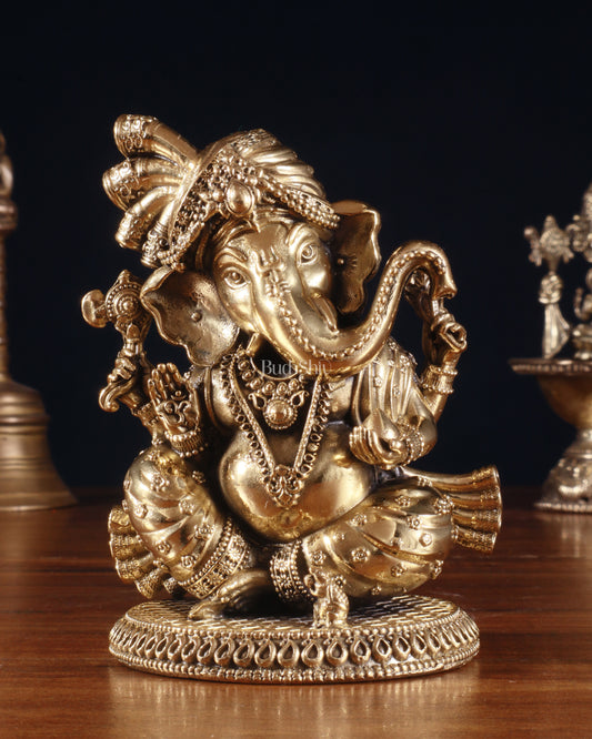 Pure Brass Lord Ganesha with Turban – Superfine Idol, 4 Inch