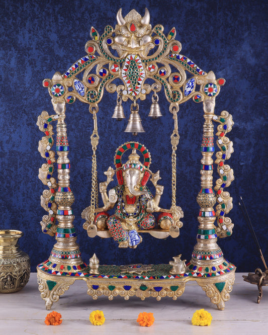 Brass Ganesha idol on large Swing jhoola - 26 inch large