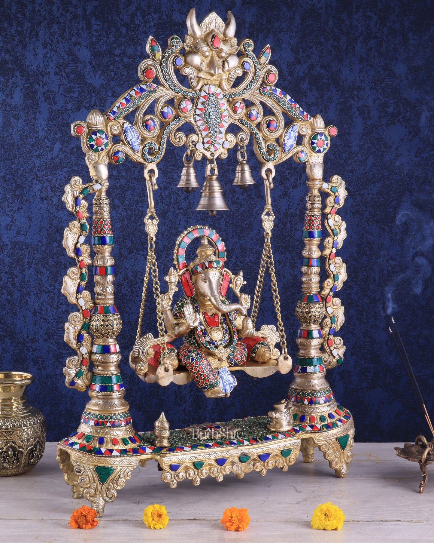 Brass Ganesha idol on large Swing jhoola - 26 inch large