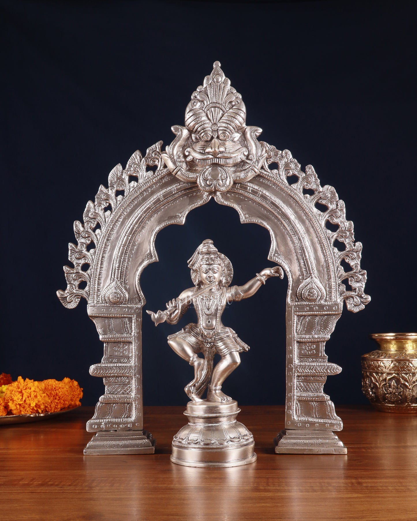 Brass Dancing Lord Krishna & Silver-Plated Prabhavali Arch Frame – Divine Combo 17"