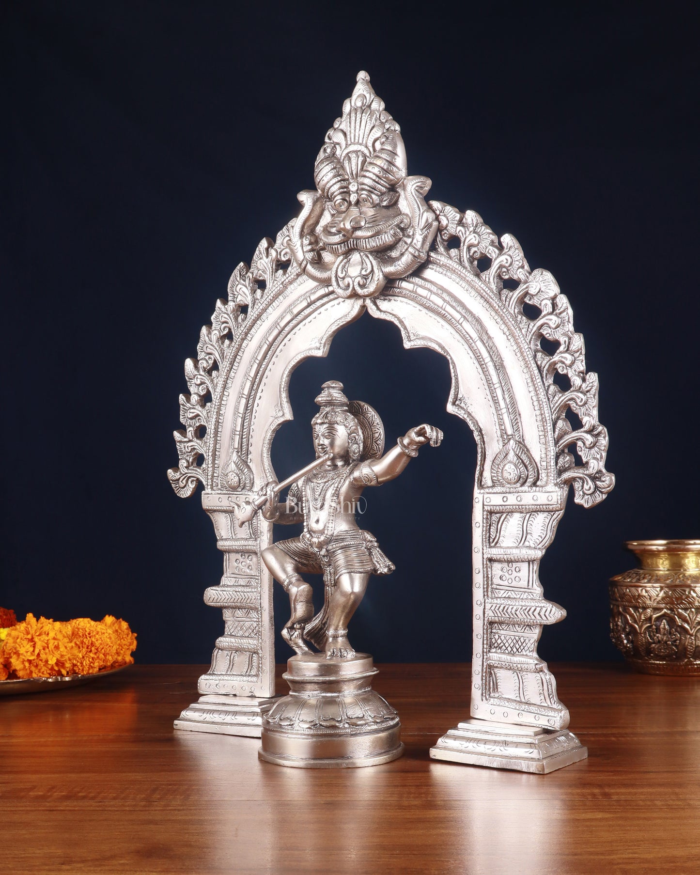 Brass Dancing Lord Krishna & Silver-Plated Prabhavali Arch Frame – Divine Combo 17"