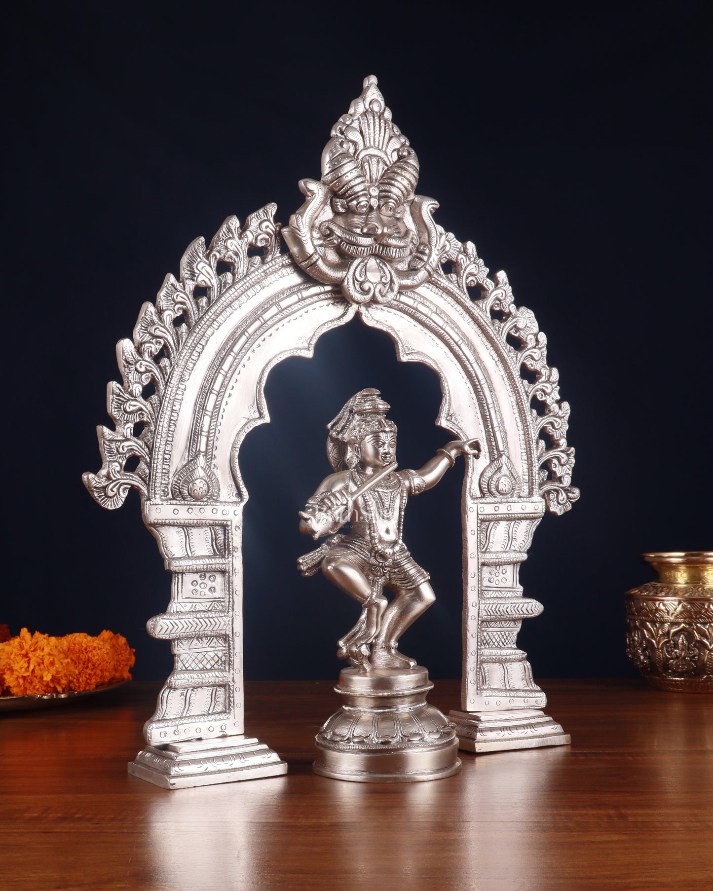 Brass Dancing Lord Krishna & Silver-Plated Prabhavali Arch Frame – Divine Combo 17"