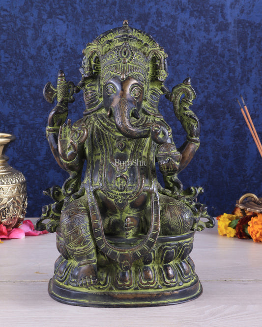 Pure Brass Vintage Lord Ganesha Statue 11 inch sandfinish