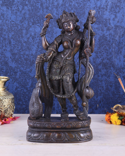 Brass Standing Saraswati with Swan Idol – Antique Bronze Tone 15 inch