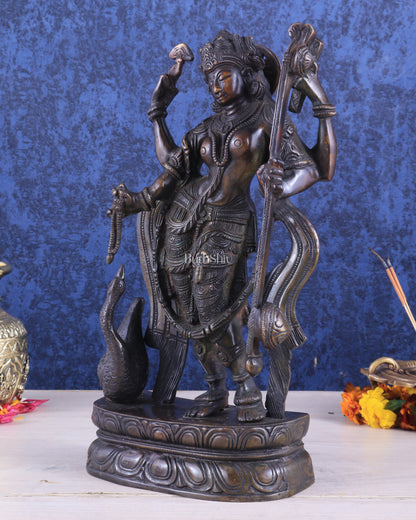 Brass Standing Saraswati with Swan Idol – Antique Bronze Tone 15 inch