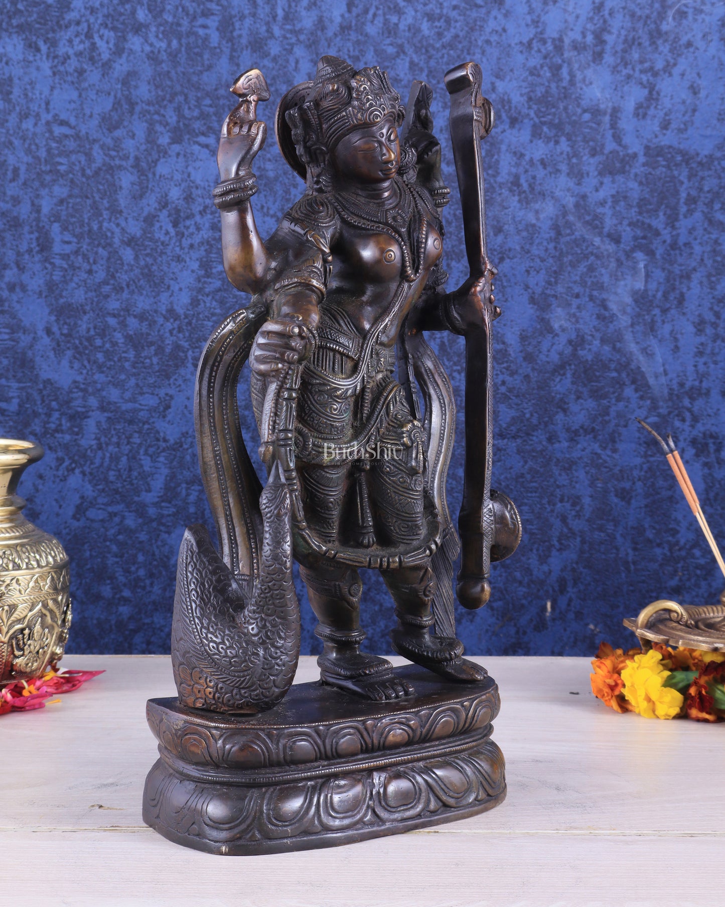 Brass Standing Saraswati with Swan Idol – Antique Bronze Tone 15 inch