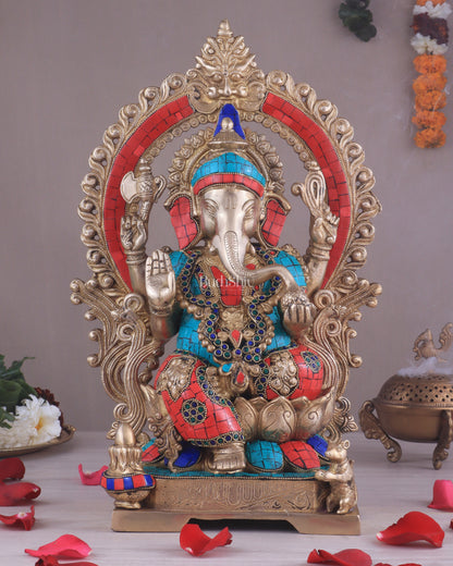 Lord Ganesha and Goddess Lakshmi Brass Statues - Height 18 inches