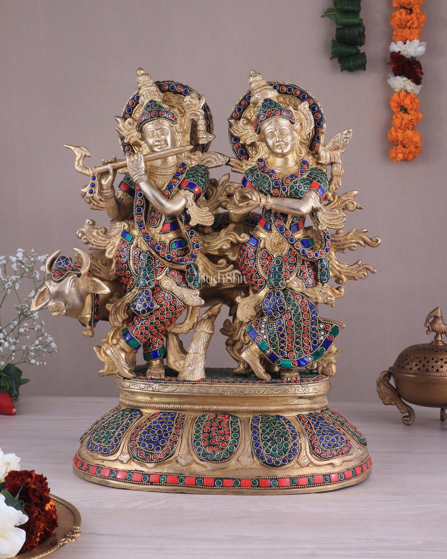 Brass Superfine Radha Krishna with Cow Idol - 16 Inch